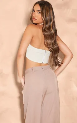 Ecru Linen Look Halter Neck Crop Top