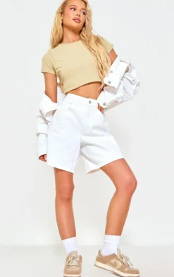 Ecru Longline Loose Fit Denim Shorts