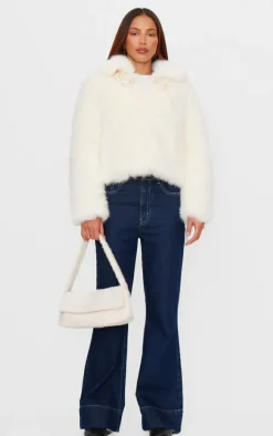 Ecru Plush Faux Fur Toggle Detail Jacket