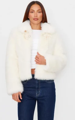 Ecru Plush Faux Fur Toggle Detail Jacket
