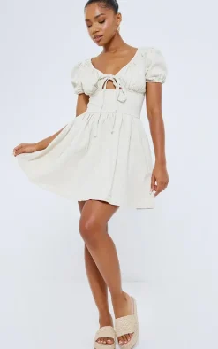 Ecru Puff Sleeve Fitted Waist Denim Dress