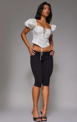 Ecru Puff Sleeve Lace Front Crop Top