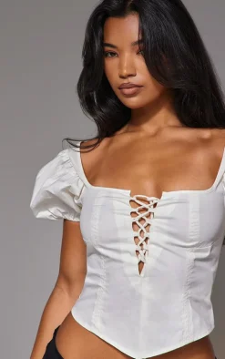 Ecru Puff Sleeve Lace Front Crop Top