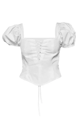 Ecru Puff Sleeve Lace Front Crop Top