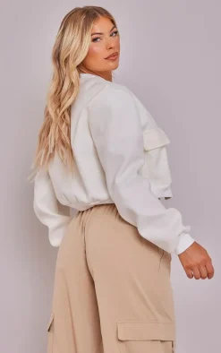 Ecru Ribbed Trim Shoulder Padded Bomber Jacket