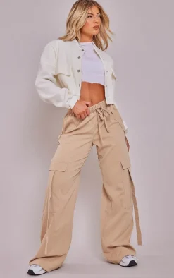 Ecru Ribbed Trim Shoulder Padded Bomber Jacket