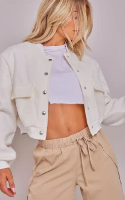 Ecru Ribbed Trim Shoulder Padded Bomber Jacket