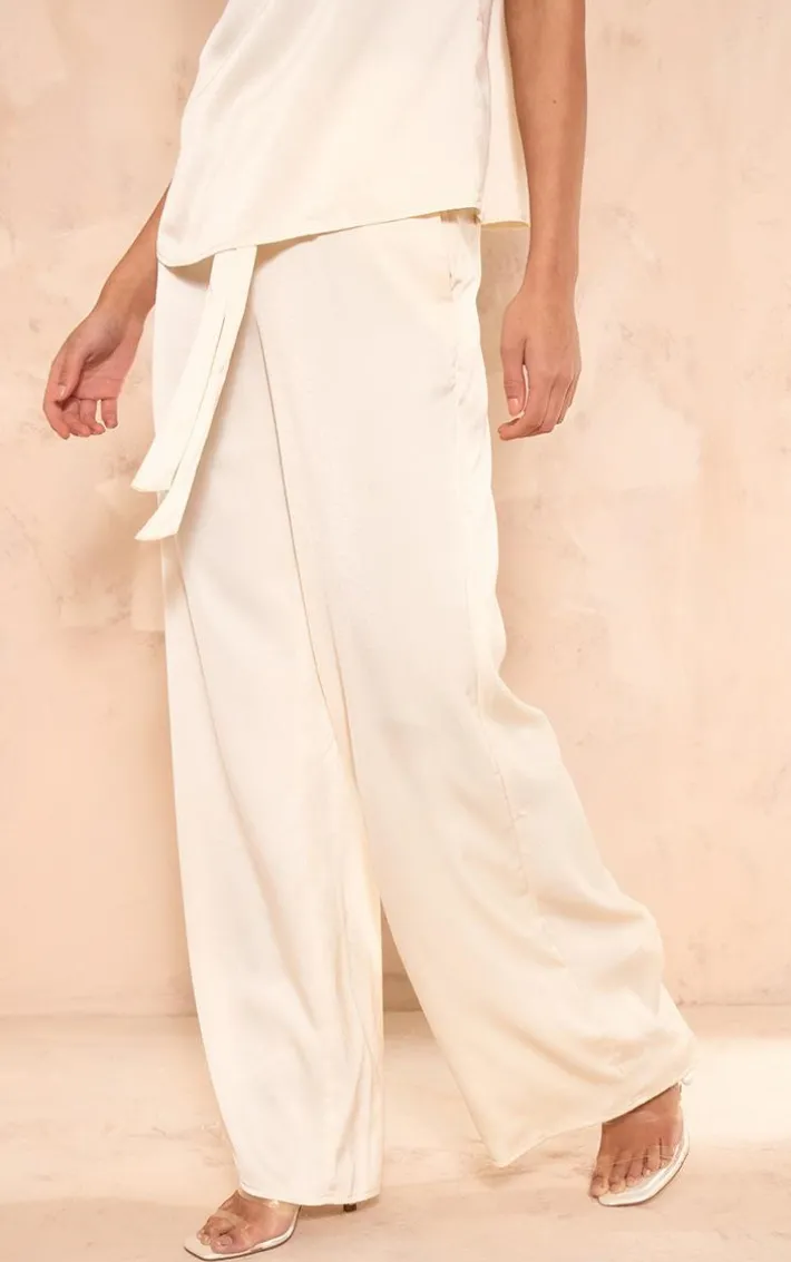 Ecru Satin Tailored Belted Wide Leg Pants