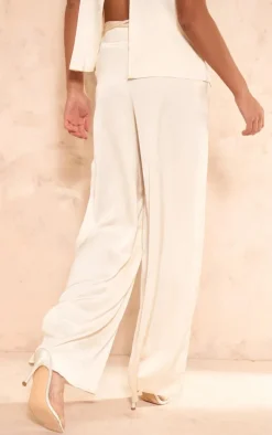 Ecru Satin Tailored Belted Wide Leg Pants
