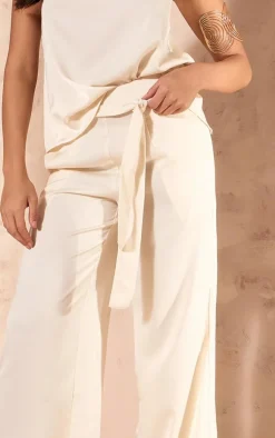 Ecru Satin Tailored Belted Wide Leg Pants