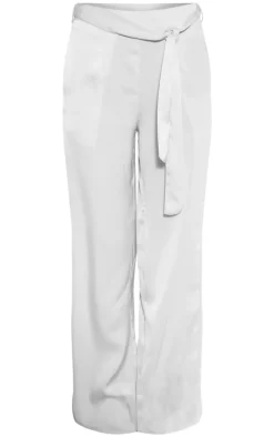 Ecru Satin Tailored Belted Wide Leg Pants