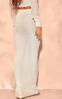 Ecru Sequin Knit Side Split Maxi Skirt