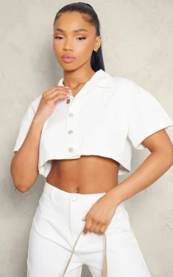 Ecru Short Sleeve Cropped Denim Shirt