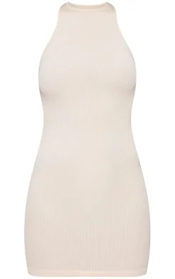 Ecru Snatched Rib Racer Neck Bodycon Dress