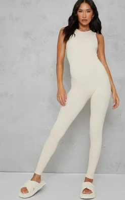 Ecru Snatched Rib Racer Neck Jumpsuit