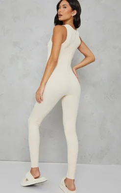 Ecru Snatched Rib Racer Neck Jumpsuit