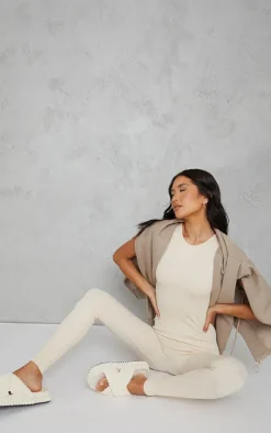 Ecru Snatched Rib Racer Neck Jumpsuit