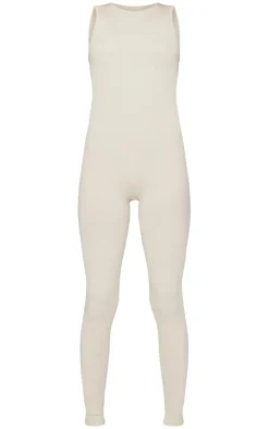 Ecru Snatched Rib Racer Neck Jumpsuit