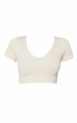 Ecru Snatched Rib V Neck Band Short Sleeve Crop Top