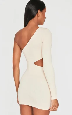 Ecru Structured Snatched Rib One Shoulder Cut Out Bodycon Dress