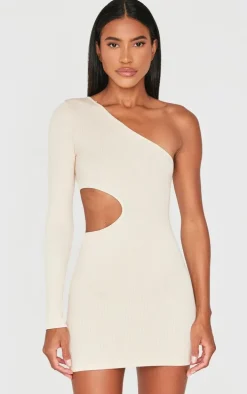 Ecru Structured Snatched Rib One Shoulder Cut Out Bodycon Dress