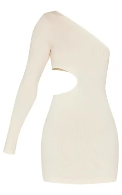 Ecru Structured Snatched Rib One Shoulder Cut Out Bodycon Dress