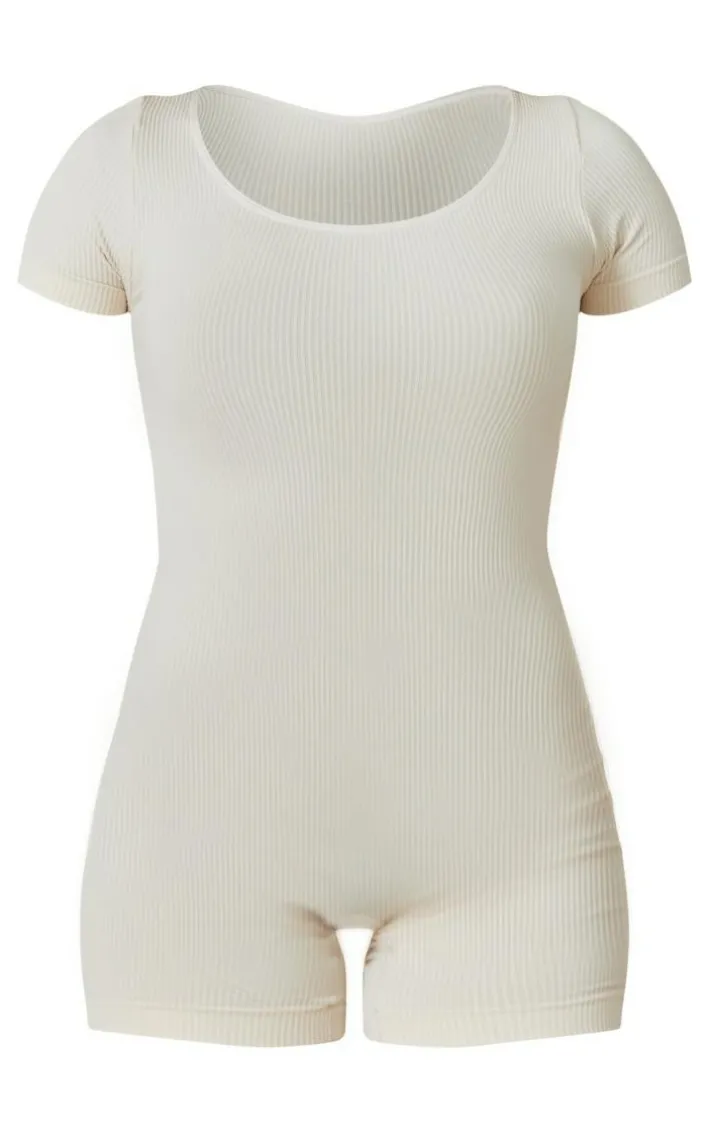 Ecru Structured Snatched Rib Scoop Neck Short Sleeve Unitard