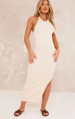Ecru Structured Snatched Rib Halterneck Scoop Maxi Dress