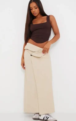 Ecru Tailored Twill Asymmetric Fold Over Maxi Skirt