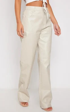 Ecru Textured Faux Leather Straight Leg Pants