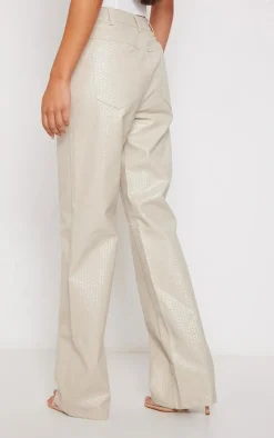 Ecru Textured Faux Leather Straight Leg Pants