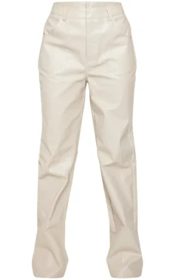 Ecru Textured Faux Leather Straight Leg Pants