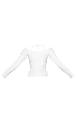 Ecru Textured Knit Bardot Sleeve Tie Detail Top