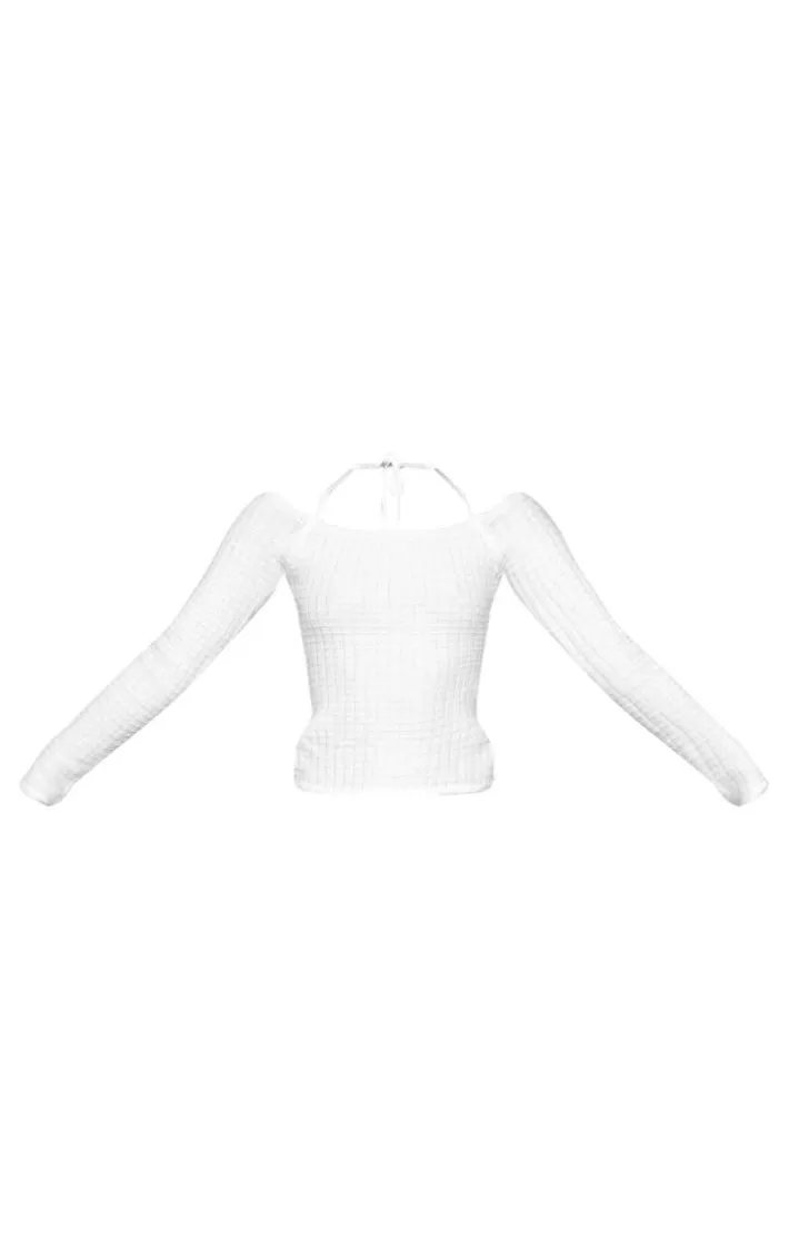 Ecru Textured Knit Bardot Sleeve Tie Detail Top
