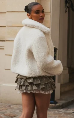 Ecru Toggle Detail Faux Fur Jacket