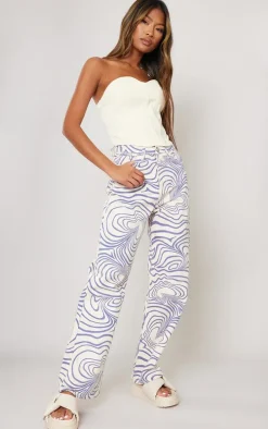 Ecru Wave Print Straight Leg Jeans