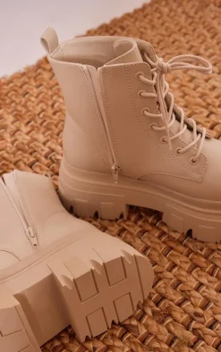 Ecru Wide Fit Pu Chunky Platform Lace Up Ankle Boots