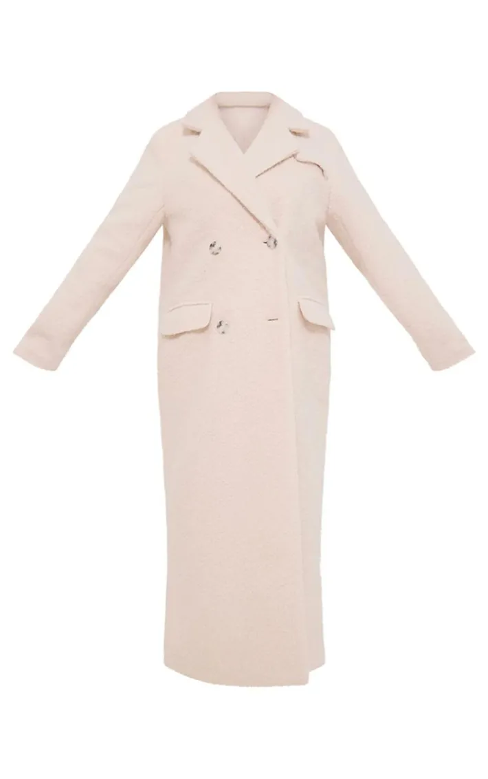 Ecru Wool Look Double Breasted Structured Maxi Coat