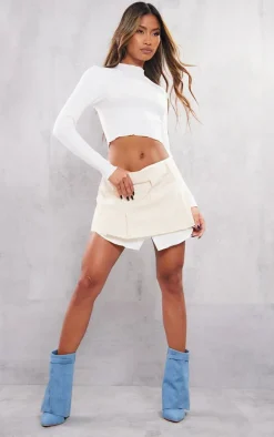 Ecru Woven Pleated Raw Hem Micro Mini Skirt