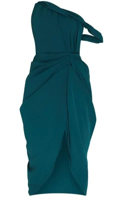 Emerald Green Chiffon Asymmetric Strap Draped Midi Dress