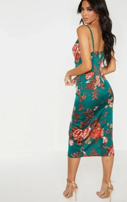 Emerald Green Floral Strappy Satin Cowl Midi Dress