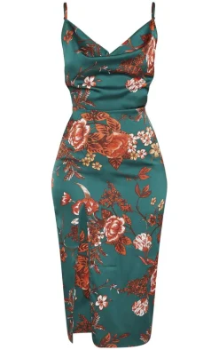 Emerald Green Floral Strappy Satin Cowl Midi Dress