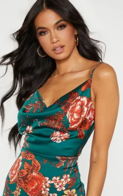 Emerald Green Floral Strappy Satin Cowl Midi Dress