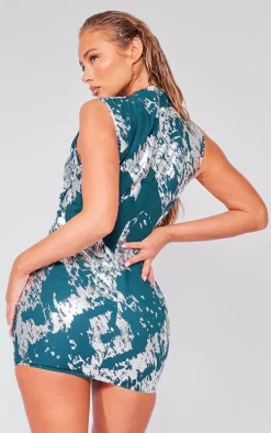 Emerald Green Foil Print Woven Ruched Sleeveless Bodycon Dress