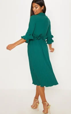 Emerald Green Frill Detail Pleated Midi Dress