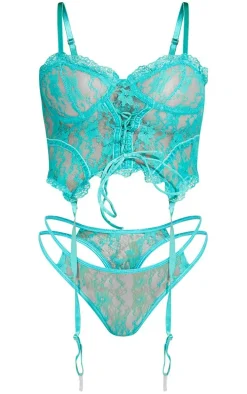 Emerald Green Frill Edge Lace Up Corset And Thong Lingerie Set