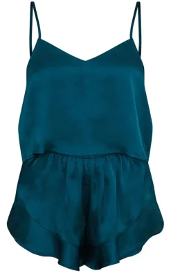 Emerald Green Frill Satin Cami Short PJ Set