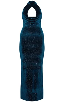 Emerald Green Glitter Velvet Halterneck Cut Out Maxi Dress