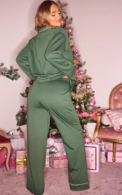 Emerald Green Jersey Piping Detail Long PJ Set