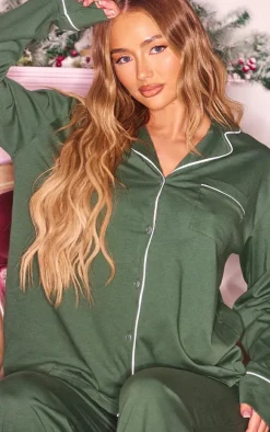 Emerald Green Jersey Piping Detail Long PJ Set